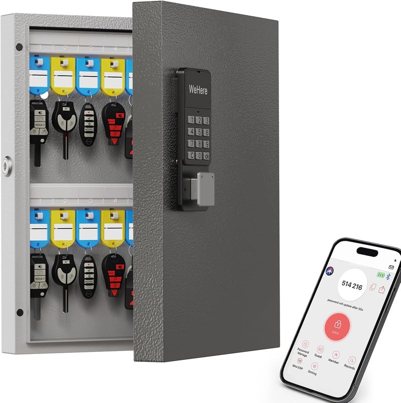 WeHere 32 Key Lock Box Wall Mount, Smart Key Cabinet with APP Bluetooth/Fixed/Dynamic Password/OTP Share Unlock, Security Lockbox ERP for Valets/Realtors/Office/Hotel Key Management - Image 1